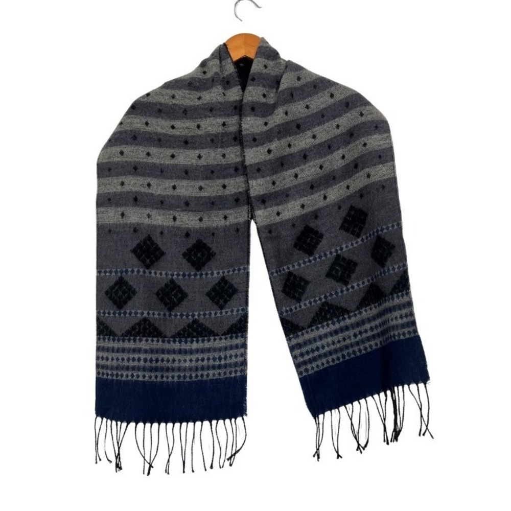 Italian Design Cashmere Blend Scarf Gray Blue Geometric‎ Fringe Winter Wrap